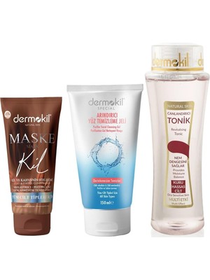 Valor Dermokil Sıkılaştırıcı Kil ve Kahveli Maske, Yüz Temizleme Jeli, Kuru Cilt Tonik 3'lü Set 869791100