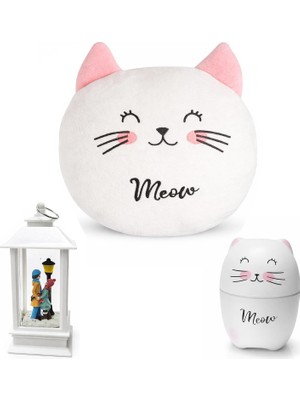 Valor Kedi Temalı Dekoratif Tasarıma Sahip Hediye Seti – Peluş Kedi Yastık + Buhar Makinesi Nemlendirici