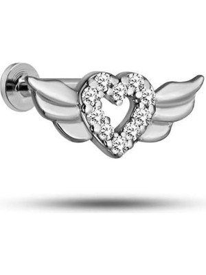 Valor Nereze 925 Ayar Gümüş Rodyumlu Minimal Kanatlı Kalp Tragus Piercing Küpe