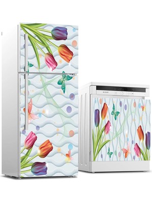 Valor Buzdolabı ve Bulaşık Makinası Beyaz Eşya Sticker Kaplama 3D Lale Kelebek