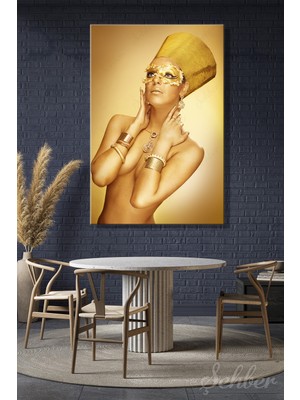 Şehber Altın Sarısı Vücut Boyalı Nefertiti Temalı Kadın Model Dikey Kanvas Tablo Tekli Ev Kafe Ofis 3389