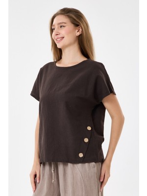 Della Moor Italyan %60 Keten Düğme Aksesuarlı Oversize Bluz 38 - 42 Beden