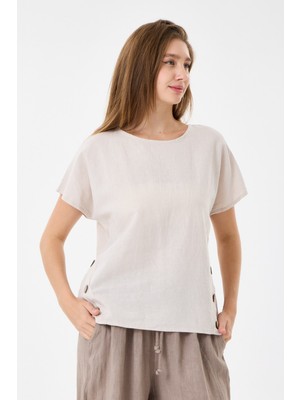 Della Moor Italyan %60 Keten Düğme Aksesuarlı Oversize Bluz 38 - 42 Beden