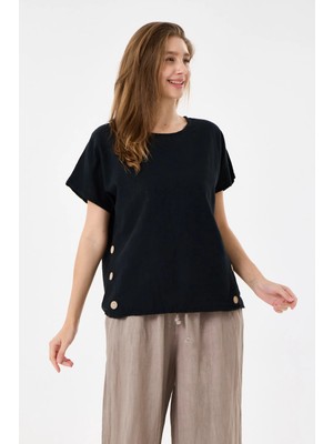 Della Moor Italyan %60 Keten Düğme Aksesuarlı Oversize Bluz 38 - 42 Beden