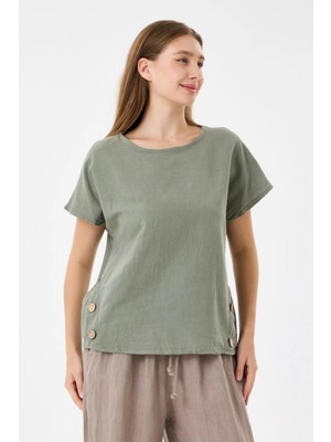 Della Moor Italyan %60 Keten Düğme Aksesuarlı Oversize Bluz 38 - 42 Beden