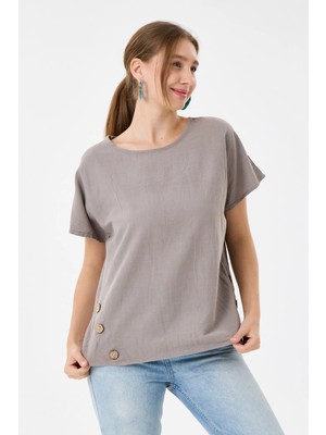 Della Moor Italyan %60 Keten Düğme Aksesuarlı Oversize Bluz 38 - 42 Beden