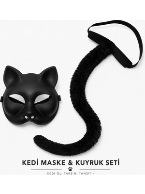 ÖNÇ - PRİME Siyah Kedi Maskesi ve Peluş Kuyruk Kostüm Seti 70 cm