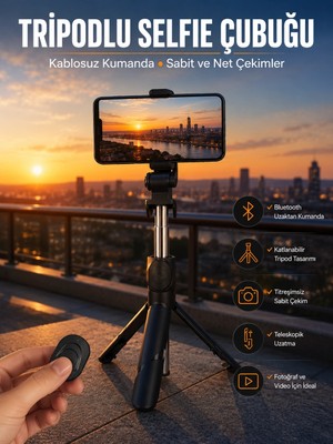 Ronanna Buğz Selfie Çubuğu Tripod Kumandalı Telefon Tutucu Siyah