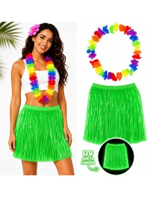 ALK Mey Ithalat® Neon Yeşil Hawaii Etek 40 cm ve Rengarenk Hawaii Kolye