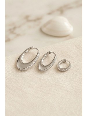 Armüz Gümüş Renk Oval Halka Model Zirkon Taşlı 3 Lü Küpe Set