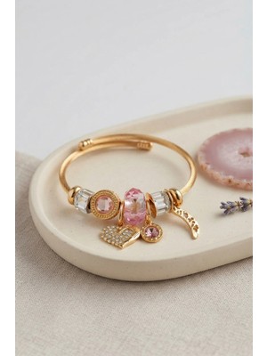 Armüz Kalp Model Gold Renk Pembe Charmlı Bileklik