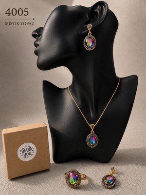 4005 Nurnova Kadın Bronz Takı Mistik Topaz Taşlı 3'lü Takı Seti (Kolye, Küpe, Yüzük)