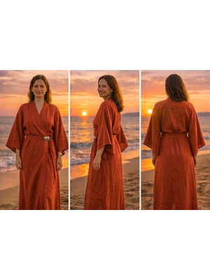 Kruvaze Kesim Kemerli ve Tokalı Cupro Kimono / Kaftan