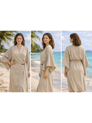 Kruvaze Kesim Kemerli ve Tokalı Cupro Kimono / Kaftan