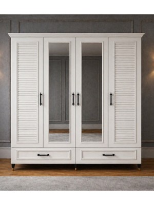 Noiss Home Decor Barlas 4 Kapılı Gardırop Elbise Dolabı Askılı Raflı Yatak Odası Dolabı