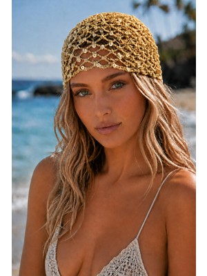 Tom Company Gold-Pullu Payet Işlemeli Simli Örgü Bohem Saç Aksesuarı File Yazlık Bere Şapka & Bandana