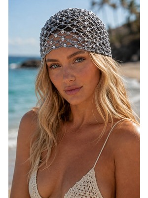Tom Company Gri-Pullu Payet Işlemeli Simli Örgü Bohem Saç Aksesuarı File Yazlık Bere Şapka & Bandana