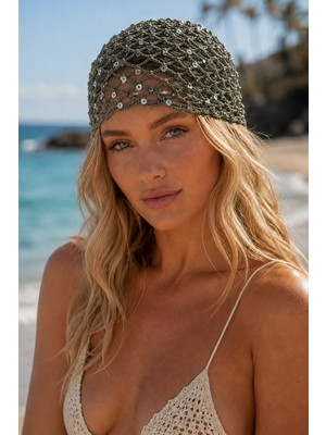 Tom Company Haki-Pullu Payet Işlemeli Simli Örgü Bohem Saç Aksesuarı File Yazlık Bere Şapka & Bandana