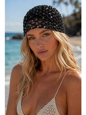 Tom Company Siyah-Pullu Payet Işlemeli Simli Örgü Bohem Saç Aksesuarı File Yazlık Bere Şapka & Bandana