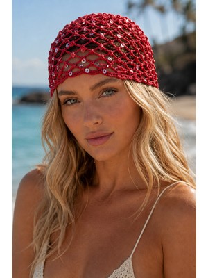 Tom Company Kırmızı-Pullu Payet Işlemeli Simli Örgü Bohem Saç Aksesuarı File Yazlık Bere Şapka & Bandana