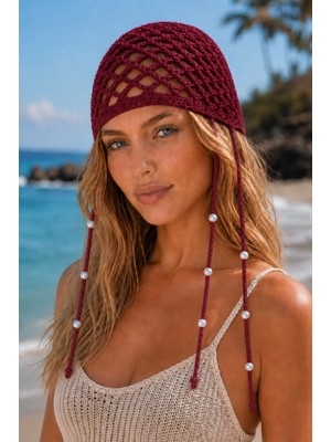 Tom Company-Bordo-Inci Boncuklu Örgü Bohem Saç Aksesuarı File Yazlık Bere Şapka & Bandana