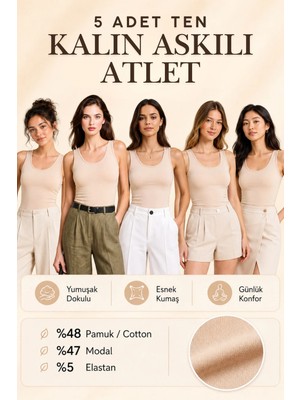 Loule Kadın 5 Adet Pamuklu & Modal Kalın Askılı Esnek Günlük Atlet - 5'li Avantaj Paketi