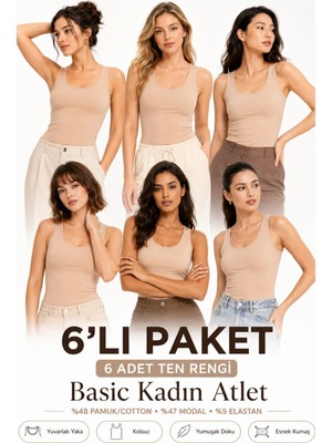 Loule Kadın 6 Adet Pamuklu & Modal Kalın Askılı Esnek Günlük Atlet - 6'lı Avantaj Paketi
