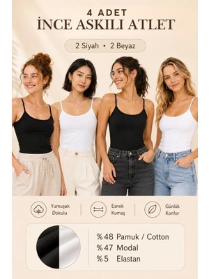 Loule Kadın 4 Adet Modal & Pamuklu Ince Askılı Esnek Basic Body Atlet - 4'lü Avantaj Paketi