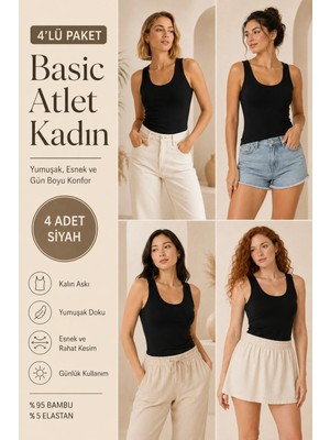 Loule Kadın Kalın Askılı %95 Doğal Bambu Esnek 4'lü Basic Atlet - Yumuşak & Terletmeyen Doku