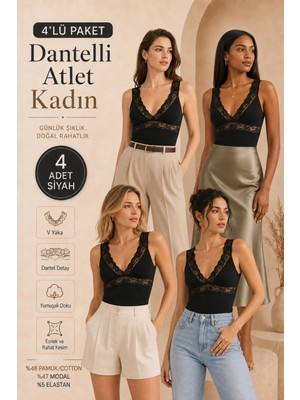 Loule Kadın 4 Adet Dantel Detaylı V Yaka Pamuklu & Modal Esnek Büstiyer Atlet - 4'lü Avantaj Paketi
