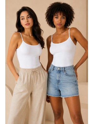 Loule Kadın %95 Pamuk Ip Askılı Pedli 2 Adet Basic Atlet - Esnek & Rahat 2'li Bra Singlet