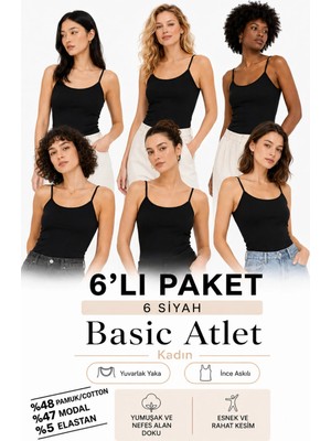 Loule Kadın 6 Adet Modal & Pamuklu Ince Askılı Esnek Basic Body Atlet - 6'lı Avantaj Paketi