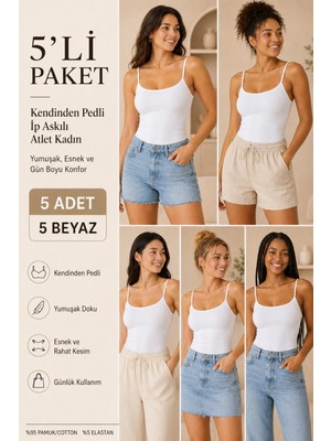 Loule Kadın %95 Pamuk Ip Askılı Pedli 5 Adet Basic Atlet - Esnek & Rahat 5'li Bra Singlet