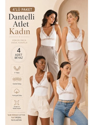 Loule Kadın 4 Adet Dantel Detaylı V Yaka Pamuklu & Modal Esnek Büstiyer Atlet - 4'lü Avantaj Paketi