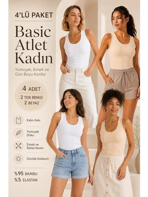 Loule Kadın Kalın Askılı %95 Doğal Bambu Esnek 4'lü Basic Atlet - Yumuşak & Terletmeyen Doku