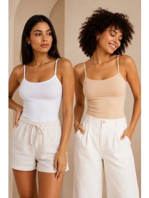 Loule Kadın %95 Pamuk Ip Askılı Pedli 2 Adet Basic Atlet - Esnek & Rahat 2'li Bra Singlet