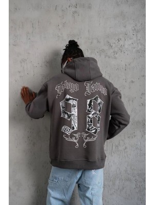 Velmora Fashion Erkek 3 Iplik Pamuklu Kapüşonlu Baskılı Cepli Oversize Sweatshirt Hoodie - Gri