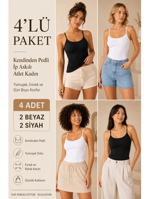 Loule Kadın %95 Pamuk Ip Askılı Pedli 4 Adet Basic Atlet - Esnek & Rahat 4'lü Bra Singlet