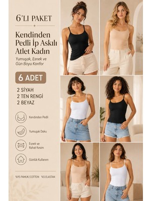 Loule Kadın %95 Pamuk Ip Askılı Pedli 6 Adet Basic Atlet - Esnek & Rahat 6'lı Bra Singlet
