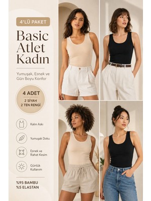 Loule Kadın Kalın Askılı %95 Doğal Bambu Esnek 4'lü Basic Atlet - Yumuşak & Terletmeyen Doku
