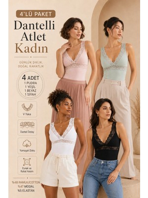 Loule Kadın 4 Adet Dantel Detaylı V Yaka Pamuklu & Modal Esnek Büstiyer Atlet - 4'lü Avantaj Paketi