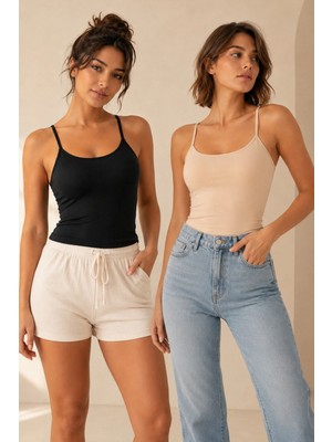 Loule Kadın %95 Pamuk Ip Askılı Pedli 2 Adet Basic Atlet - Esnek & Rahat 2'li Bra Singlet