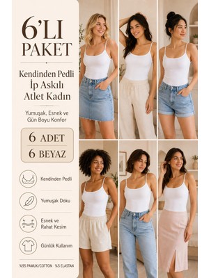 Loule Kadın %95 Pamuk Ip Askılı Pedli 6 Adet Basic Atlet - Esnek & Rahat 6'lı Bra Singlet