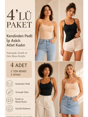 Loule Kadın %95 Pamuk Ip Askılı Pedli 4 Adet Basic Atlet - Esnek & Rahat 4'lü Bra Singlet