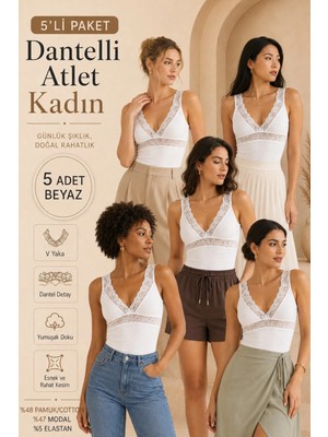Loule Kadın 5 Adet Dantel Detaylı V Yaka Pamuklu & Modal Esnek Büstiyer Atlet - 5'li Avantaj Paketi