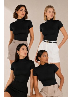 Loule Kadın Yarım Balıkçı Yaka Kısa Kollu 4 Adet Basic Atlet - %95 Pamuklu
