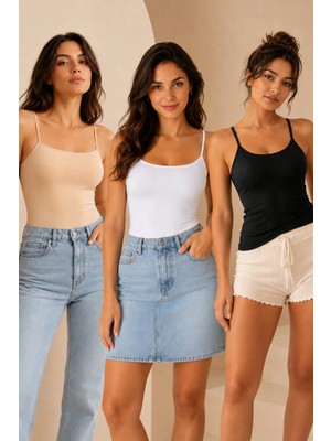 Loule Kadın %95 Pamuk Ip Askılı Pedli 3 Adet Basic Atlet - Esnek & Rahat 3'lü Bra Singlet