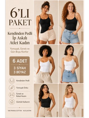Loule Kadın %95 Pamuk Ip Askılı Pedli 6 Adet Basic Atlet - Esnek & Rahat 6'lı Bra Singlet