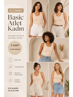 Loule Kadın Kalın Askılı %95 Doğal Bambu Esnek 5'li Basic Atlet - Yumuşak & Terletmeyen Doku