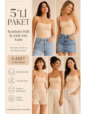 Loule Kadın %95 Pamuk Ip Askılı Pedli 5 Adet Basic Atlet - Esnek & Rahat 5'li Bra Singlet
